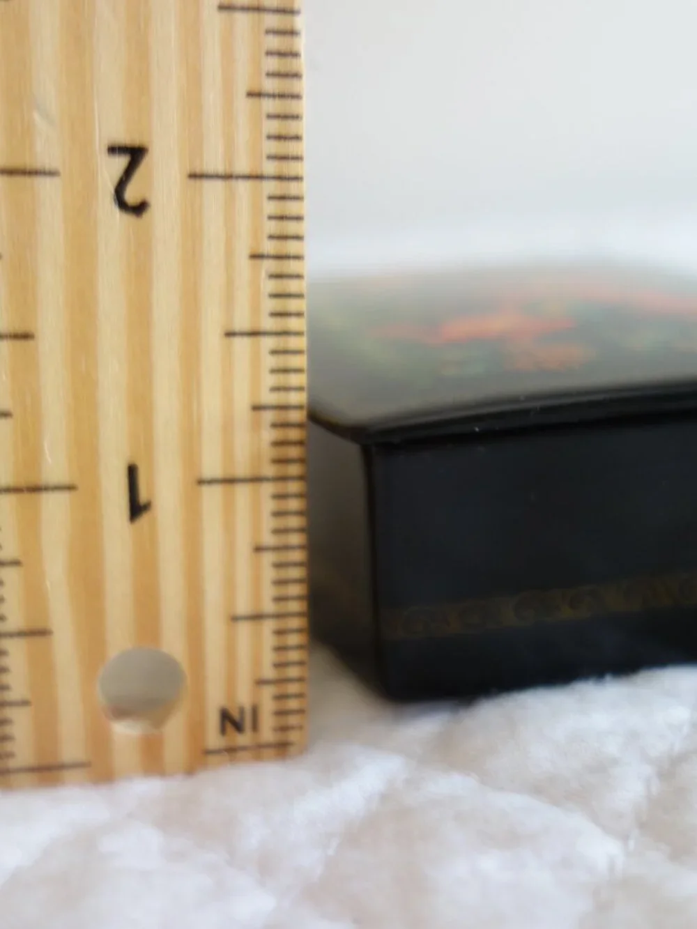 Vntg Russian Lacquered Hand Painted Black Wood Trinket Box – Flute player, horse